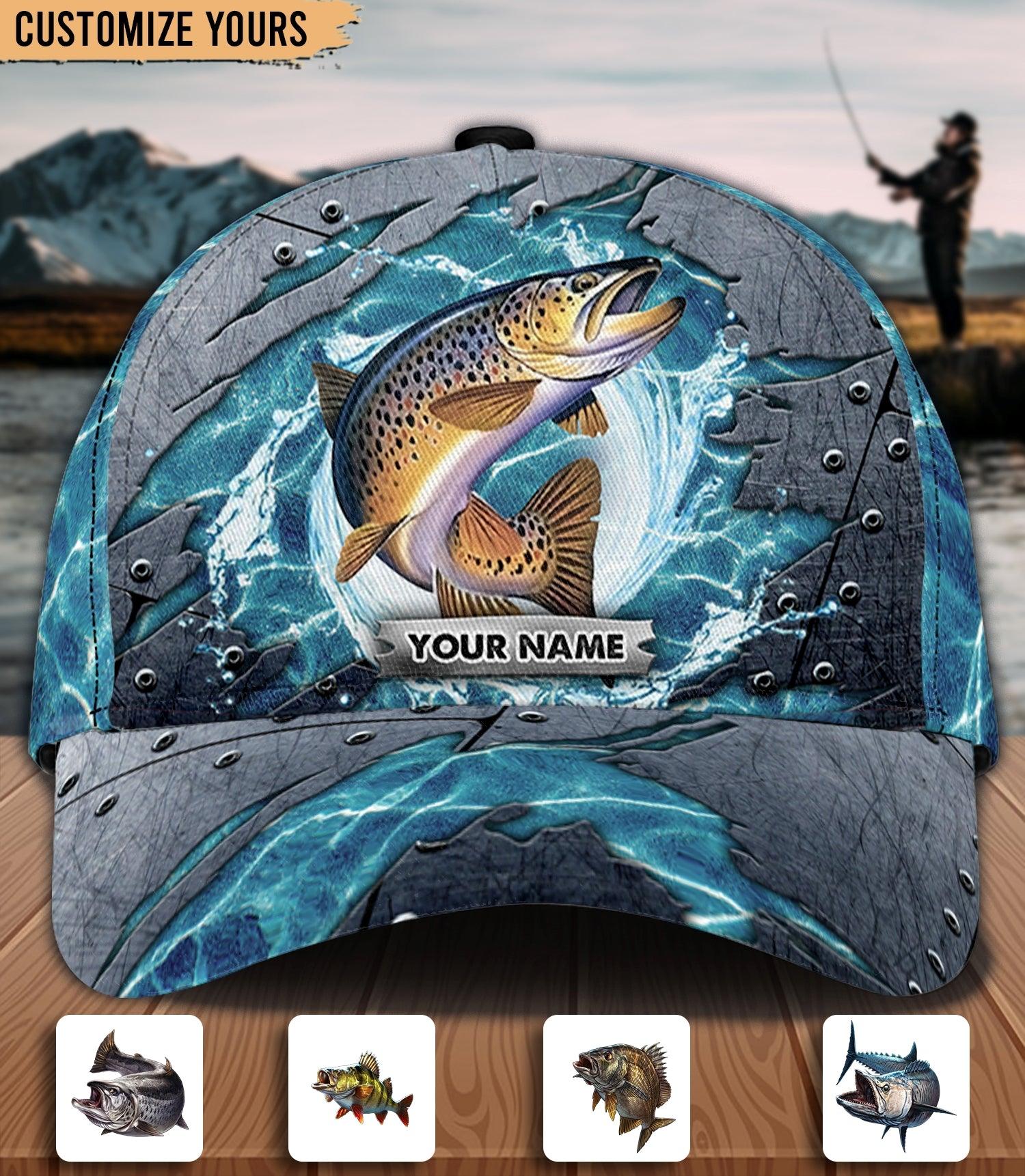 Fish With Water Background Fishing Personalized Classic Cap, Personalized Gift for Fishing Lovers Trucker Hats Custom Hats Gifts For Men & Women