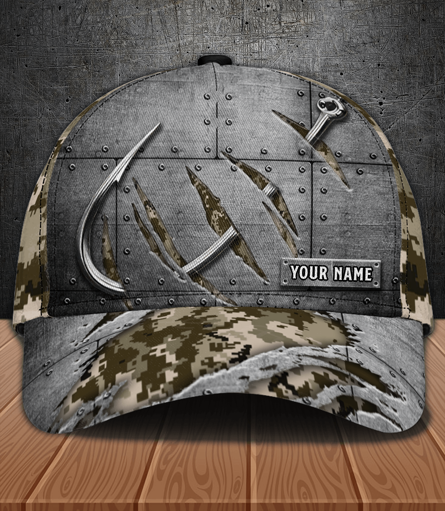 Fishhook With Camouflage Fishing Personalized Classic Cap, Personalized Gift for Fishing Lovers Trucker Hats Custom Hats Gifts For Men & Women
