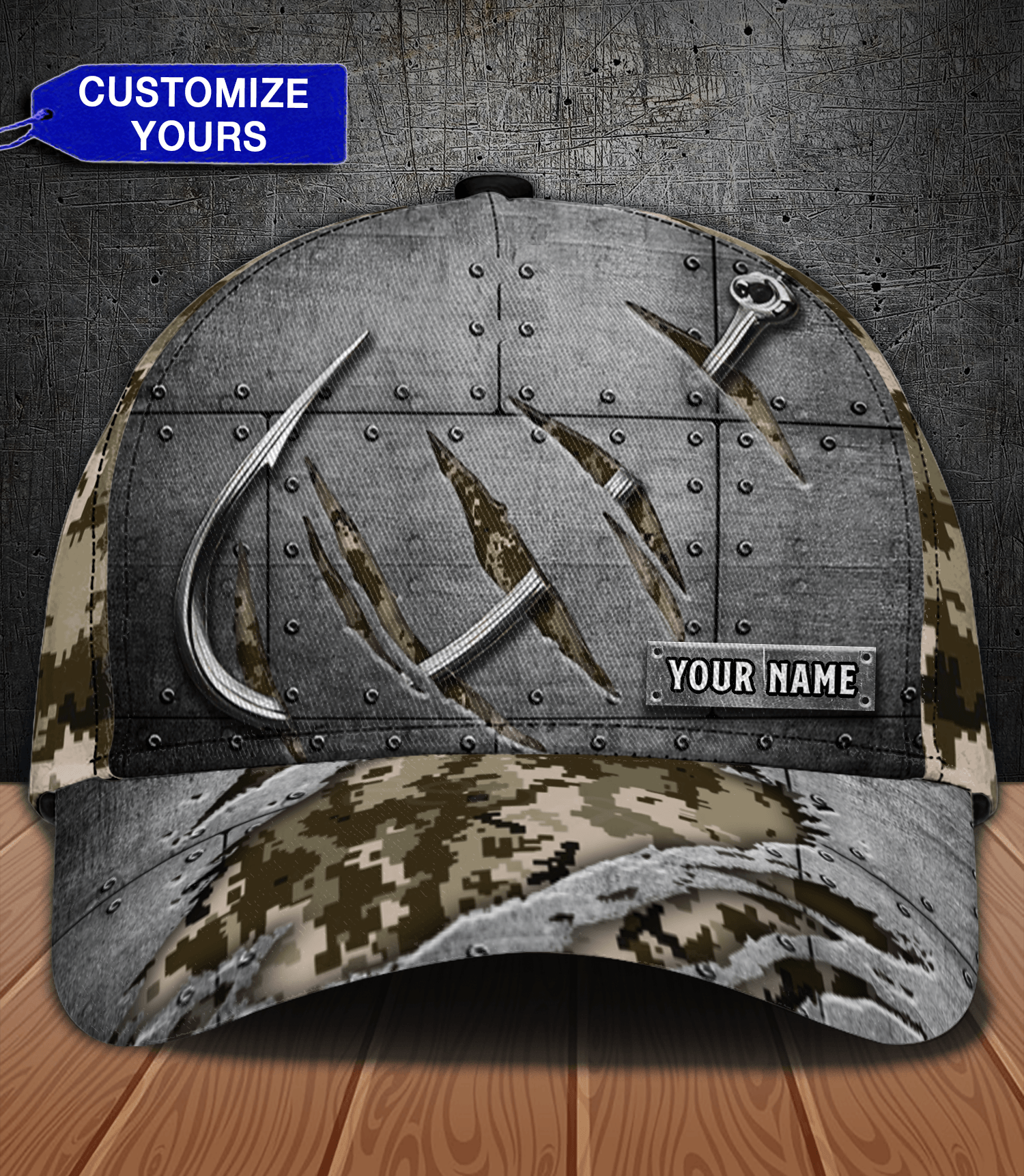 Fishhook With Camouflage Fishing Personalized Classic Cap, Personalized Gift for Fishing Lovers Trucker Hats Custom Hats Gifts For Men & Women