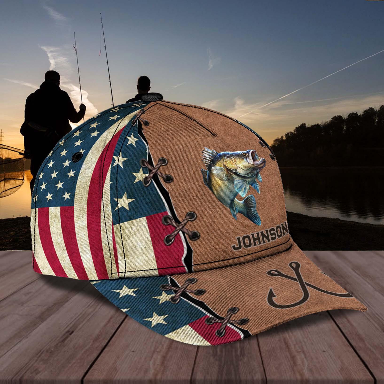 Fishing American Flag Personalized Cap, Personalized Gift for Fishing Lovers Trucker Hats Custom Hats Gifts For Men & Women