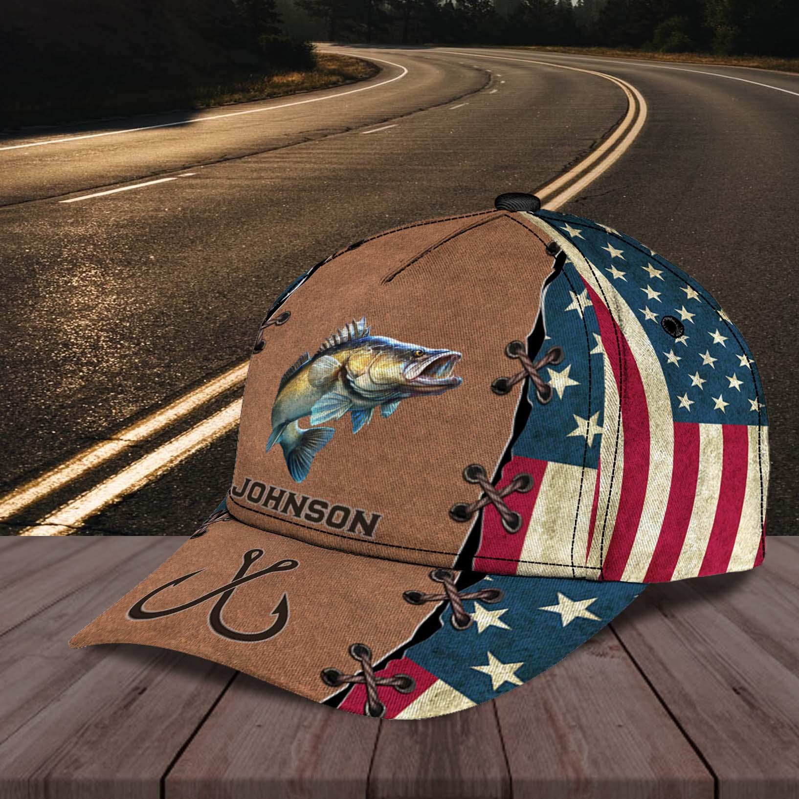 Fishing American Flag Personalized Cap, Personalized Gift for Fishing Lovers Trucker Hats Custom Hats Gifts For Men & Women