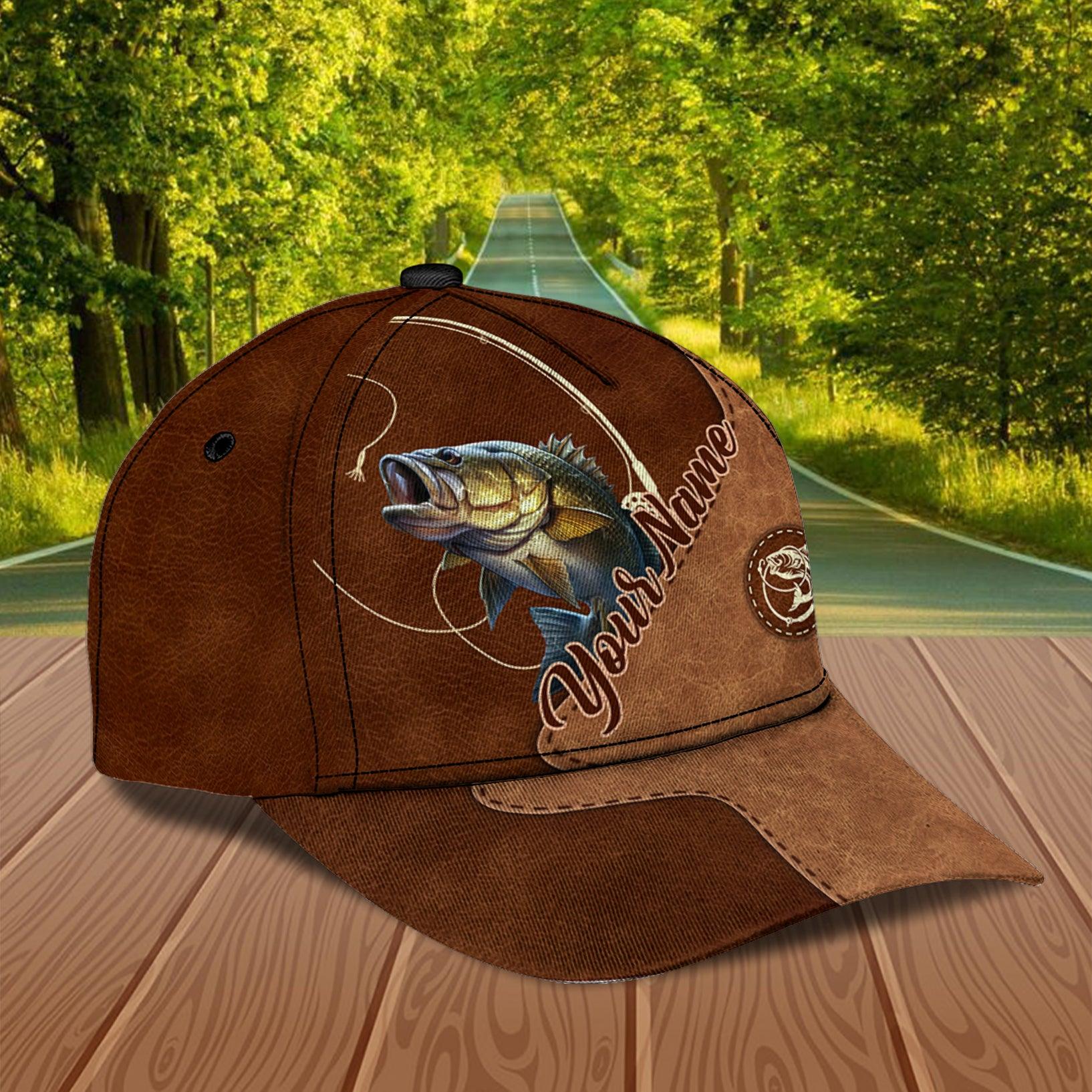 Fishing Brown Leather Pattern Personalized Classic Cap, Personalized Gift for Fishing Lovers Trucker Hats Custom Hats Gifts For Men & Women