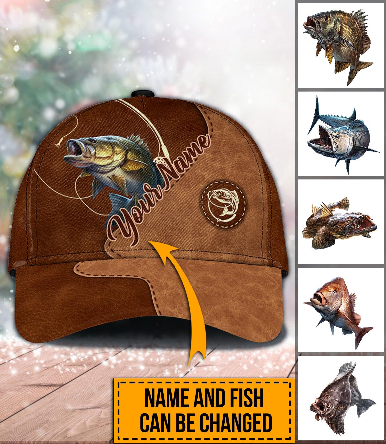 Fishing Brown Leather Pattern Personalized Classic Cap, Personalized Gift for Fishing Lovers Trucker Hats Custom Hats Gifts For Men & Women