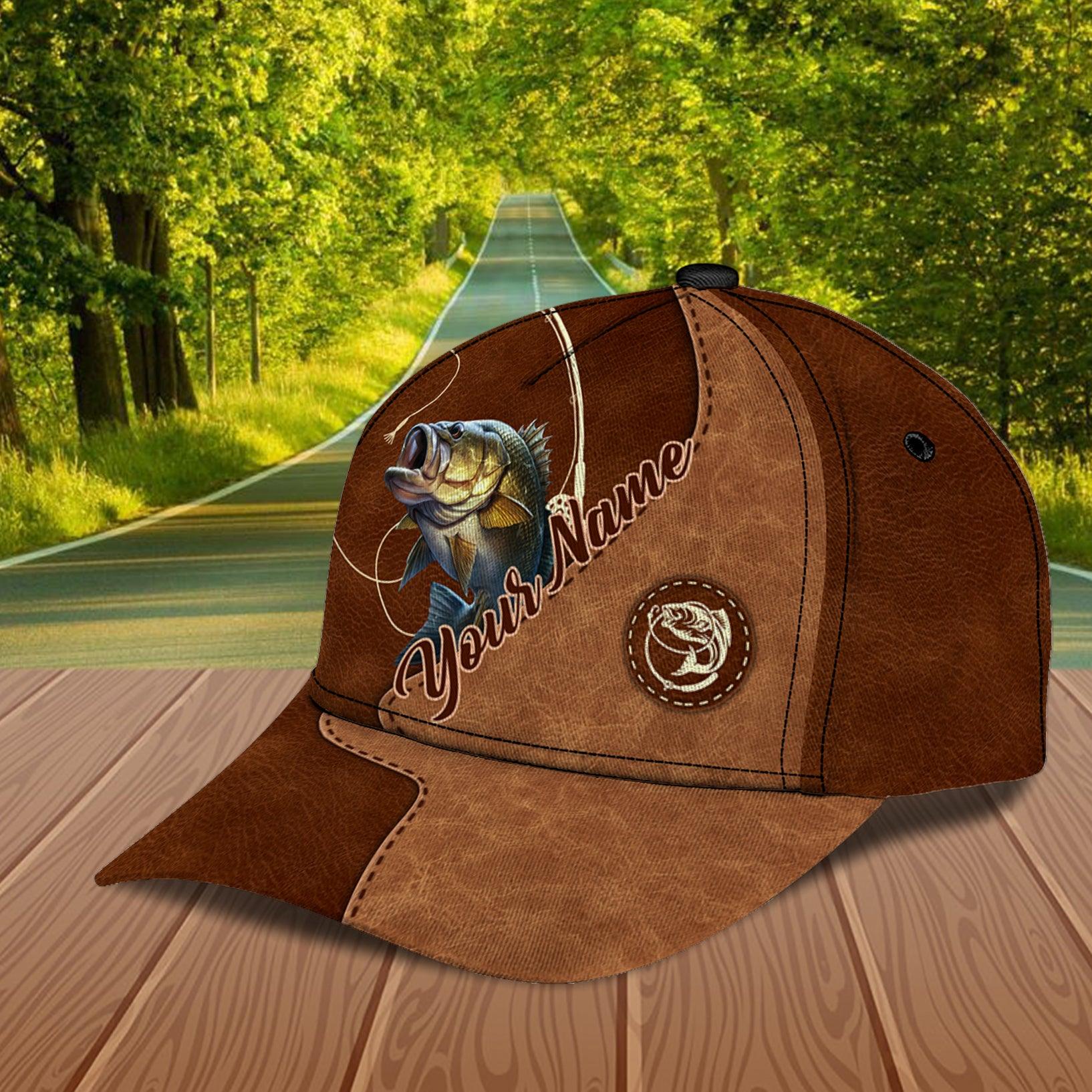 Fishing Brown Leather Pattern Personalized Classic Cap, Personalized Gift for Fishing Lovers Trucker Hats Custom Hats Gifts For Men & Women
