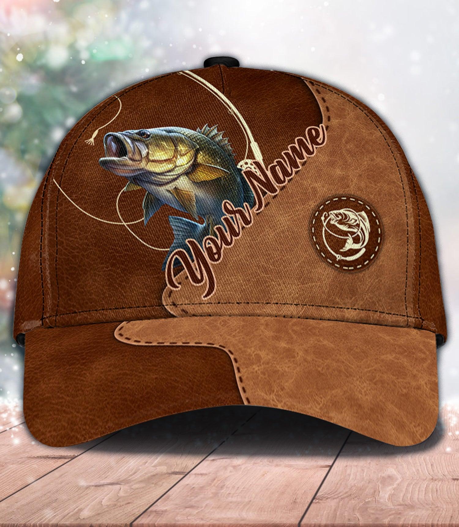 Fishing Brown Leather Pattern Personalized Classic Cap, Personalized Gift for Fishing Lovers Trucker Hats Custom Hats Gifts For Men & Women