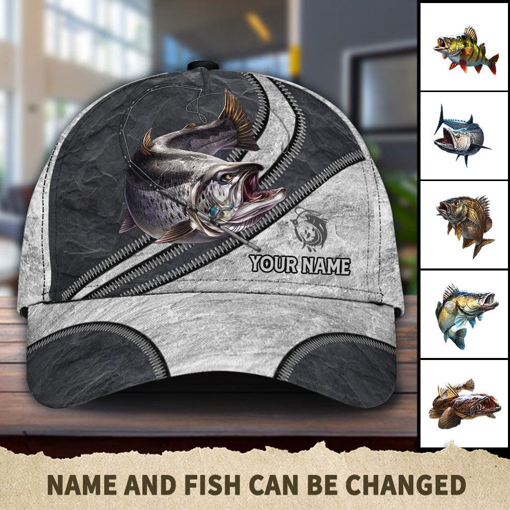 Fishing Gray Pattern With Zippers Personalized Classic Cap, Personalized Gift for Fishing Lovers Trucker Hats Custom Hats Gifts For Men & Women