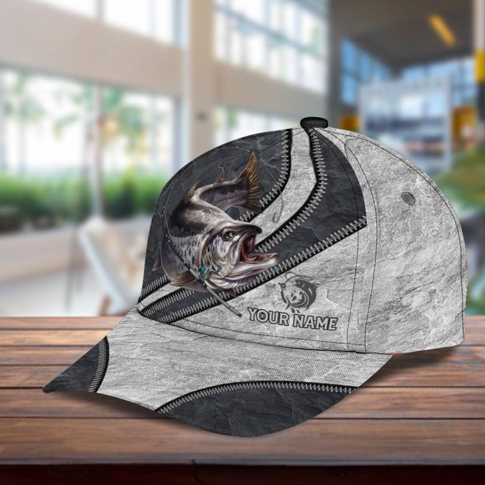 Fishing Gray Pattern With Zippers Personalized Classic Cap, Personalized Gift for Fishing Lovers Trucker Hats Custom Hats Gifts For Men & Women