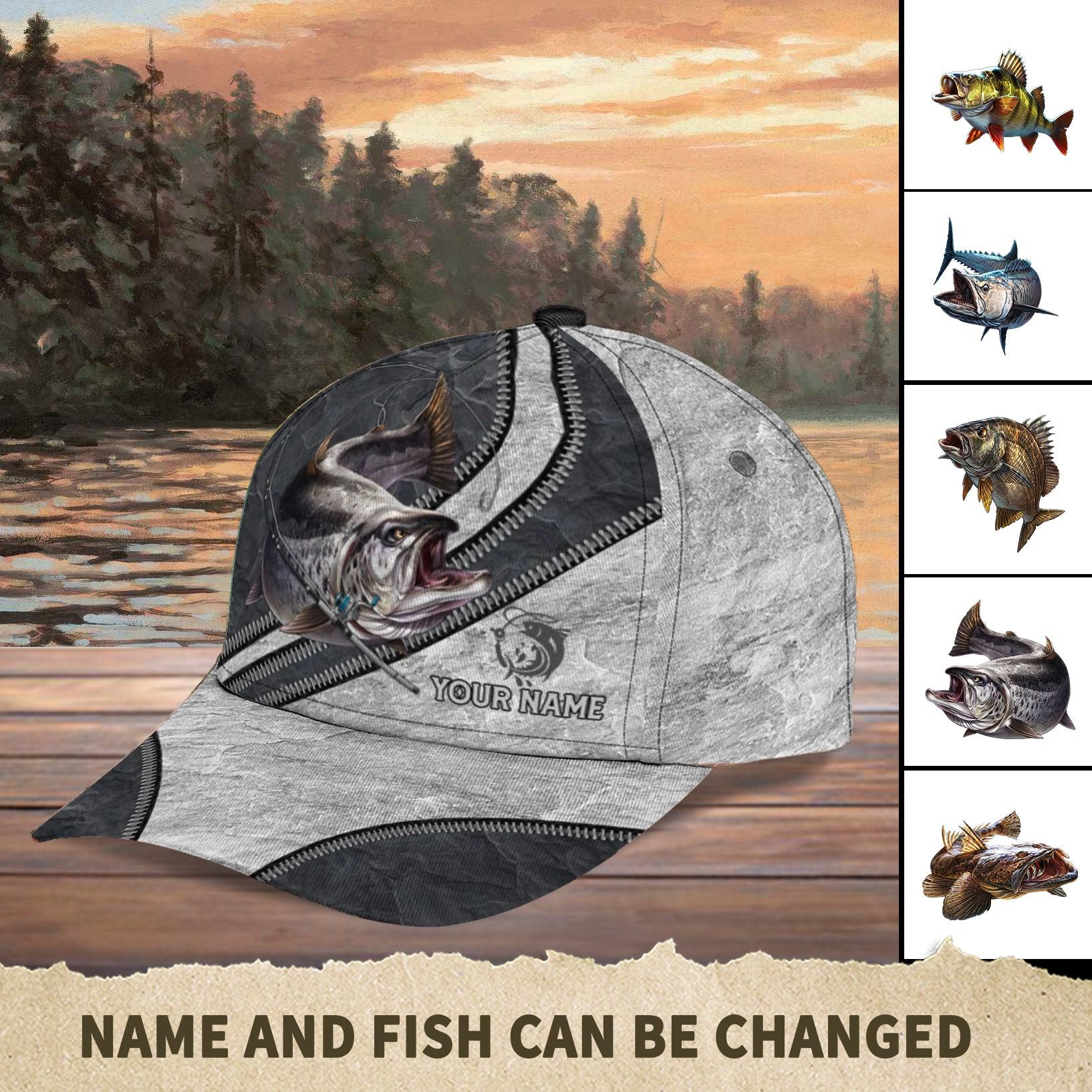 Fishing Gray Pattern With Zippers Personalized Classic Cap, Personalized Gift for Fishing Lovers Trucker Hats Custom Hats Gifts For Men & Women