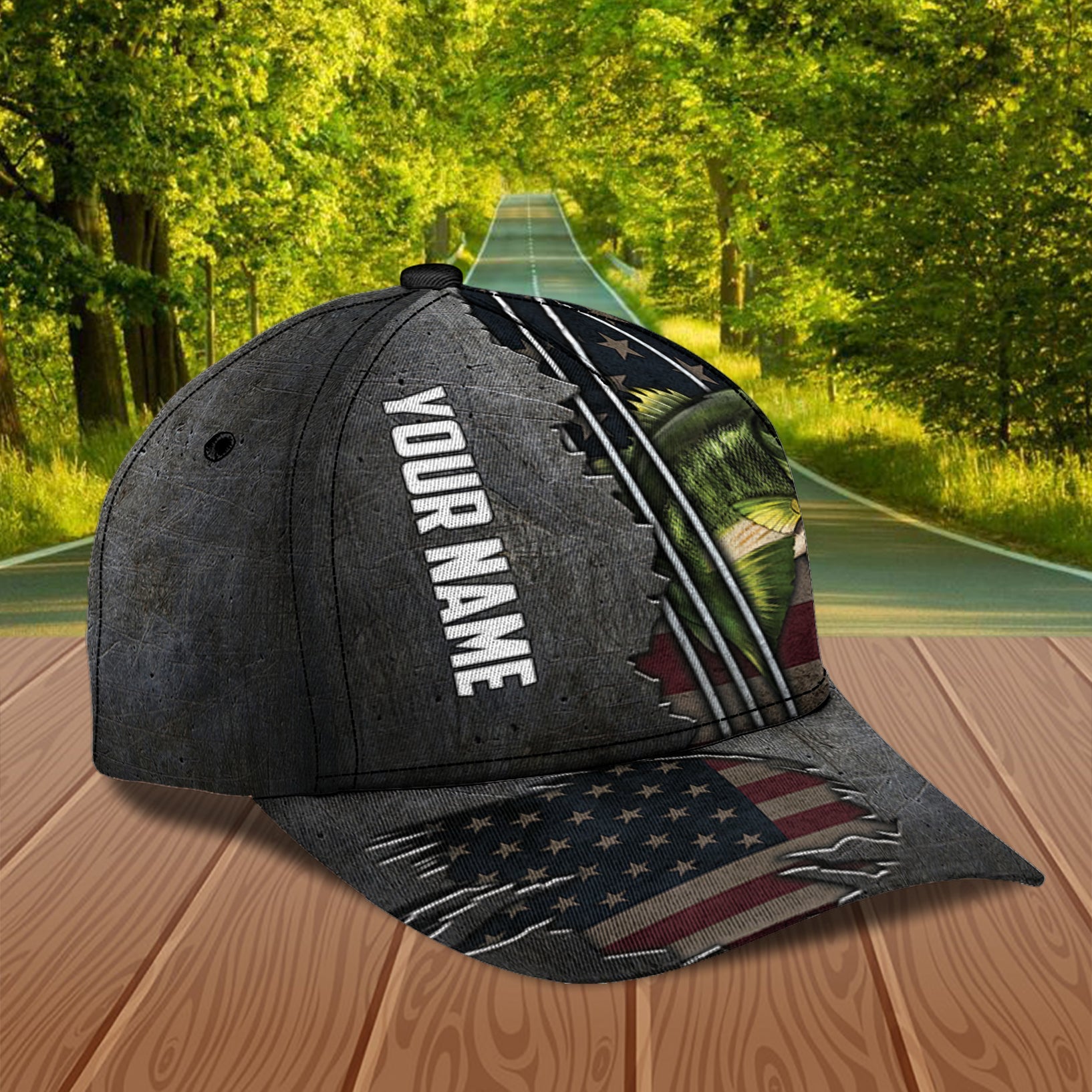 Fishing Metal Pattern With American Flag Personalized Classic Cap, Personalized Gift for Fishing Lovers Trucker Hats Custom Hats Gifts For Men & Women