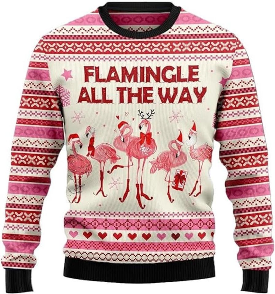 Flamingle All The Way Ugly Christmas Sweater, Flamingo Xmas