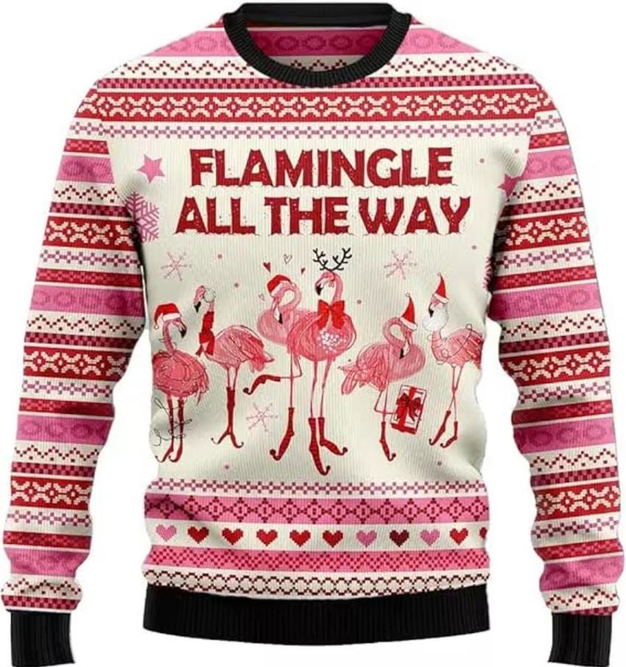 Flamingle All The Way Ugly Christmas Sweater, Flamingo Xmas
