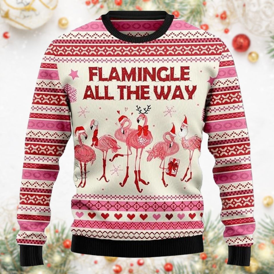 Flamingle All The Way Ugly Christmas Sweater, Flamingo Xmas Sweater
