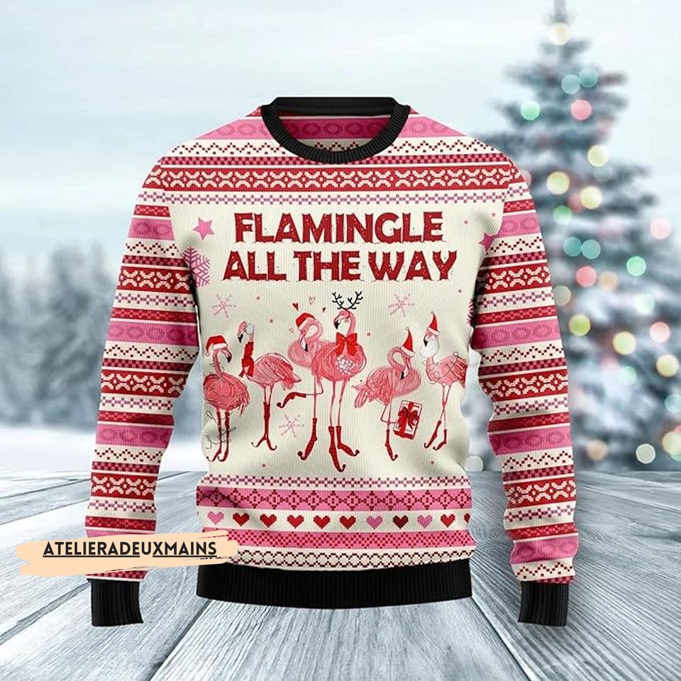 Flamingo All The Way Ugly Christmas Sweater, Ugly Christmas Sweater