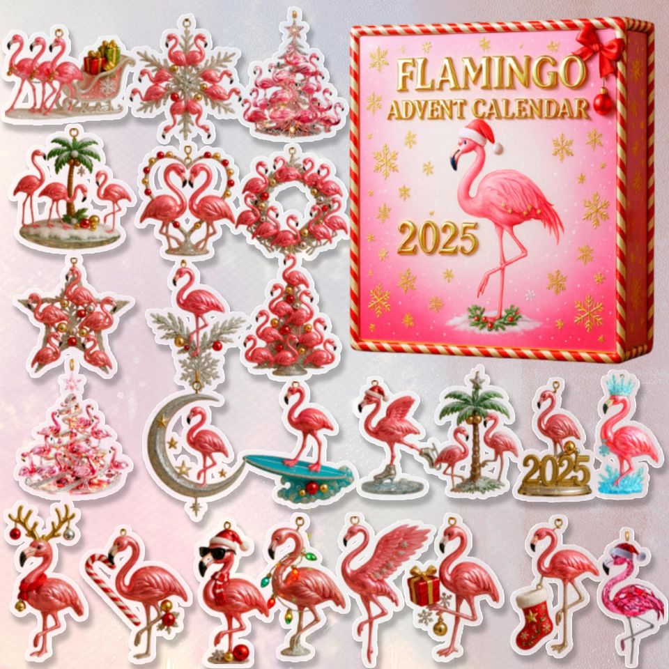 Flamingo Birds Christmas Advent Calendar, Pink Flamingos Christmas Charms, 24-Day Countdown Ornament