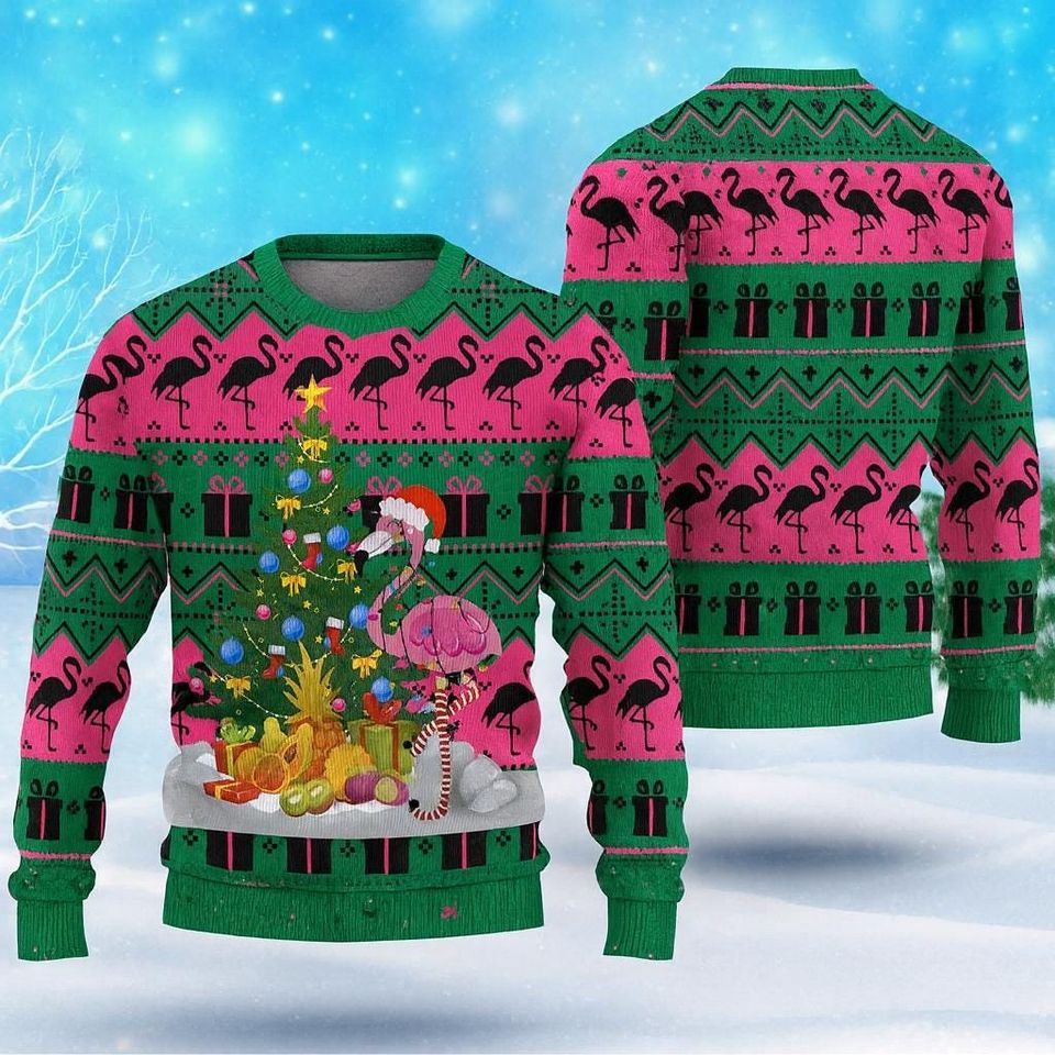 Flamingo Christmas Tree Ugly Sweater, Tropical Holiday Sweater