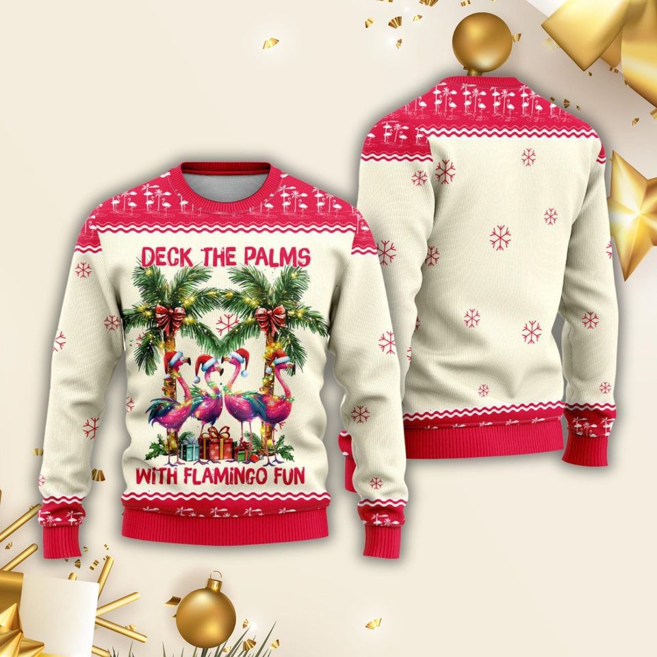 Flamingo Christmas Ugly Sweater, Deck The Palms With Flamingo Fun Sweater