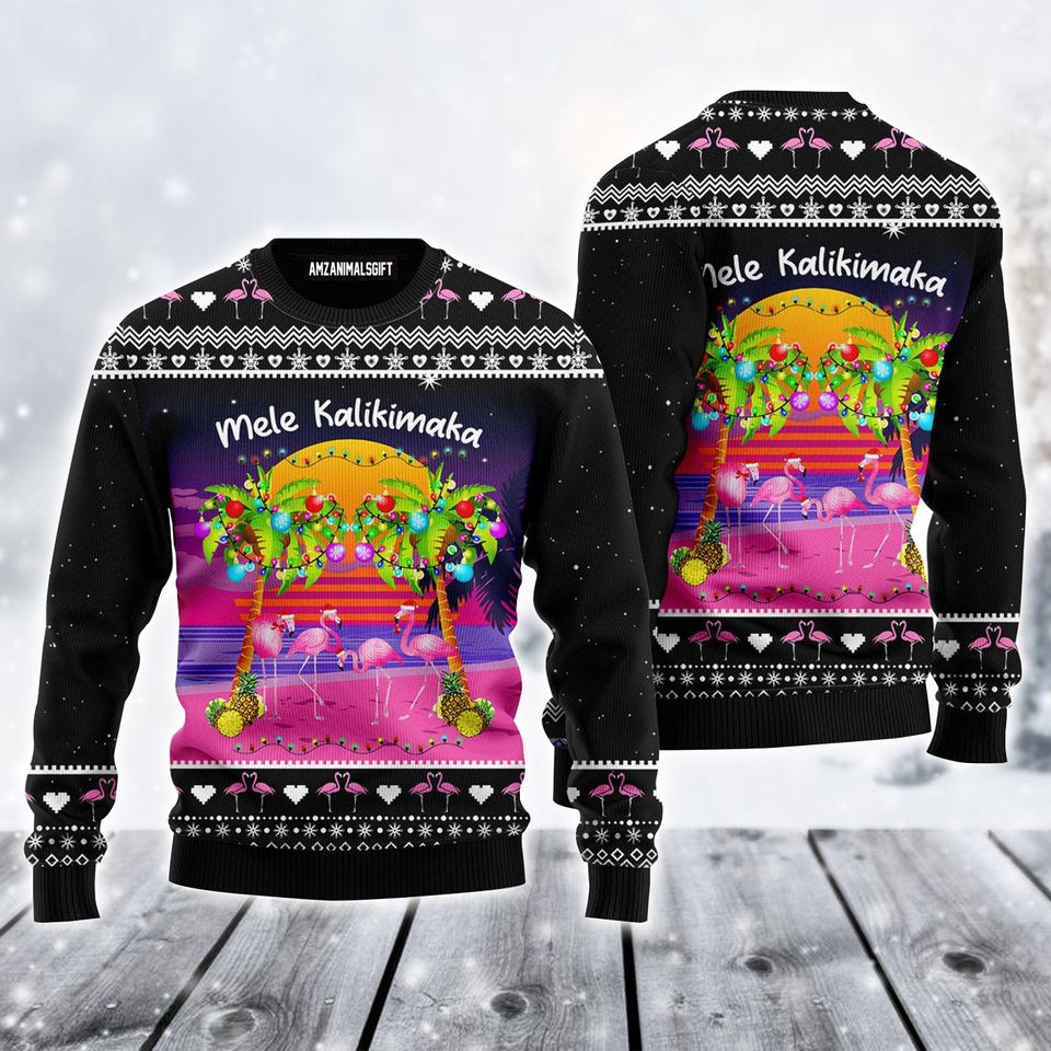 Flamingo Christmas Ugly Sweater, Mele Kalikimaka Ugly Sweater, Flamingo in Love Black Sweater