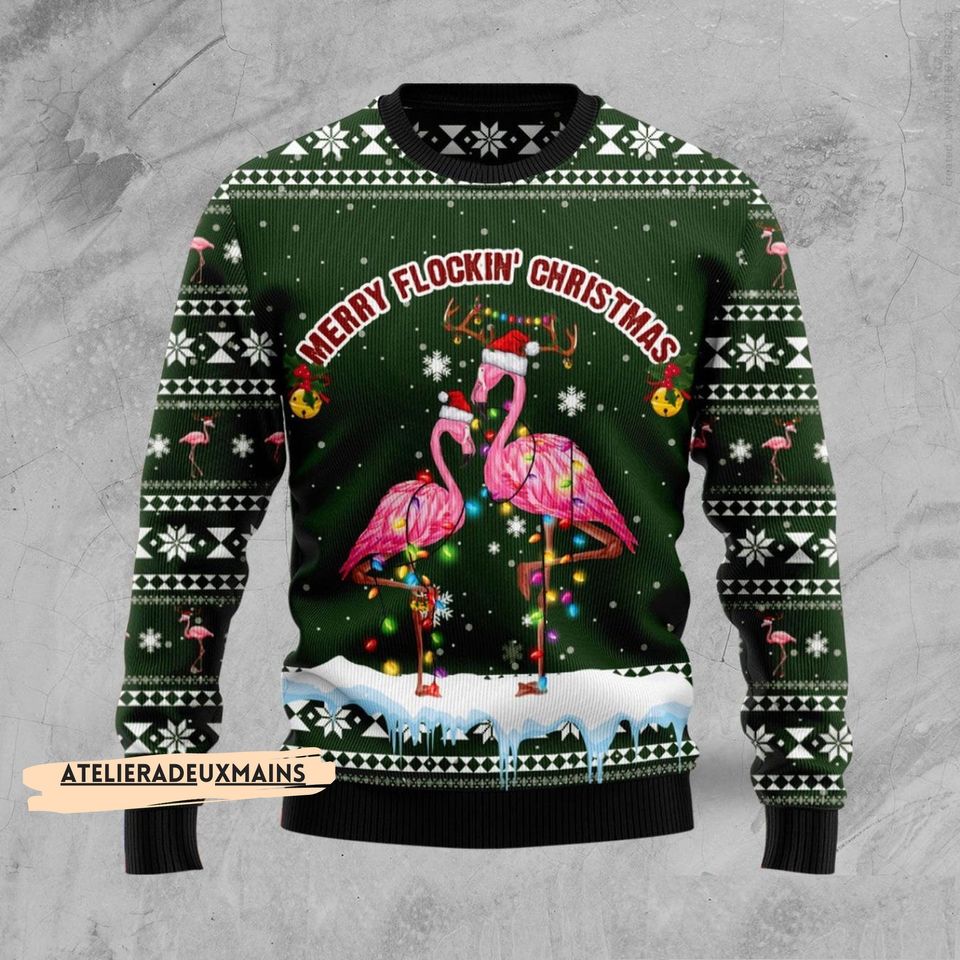 Flamingo Dancing On Snow Merry Flocking Christmas Ugly