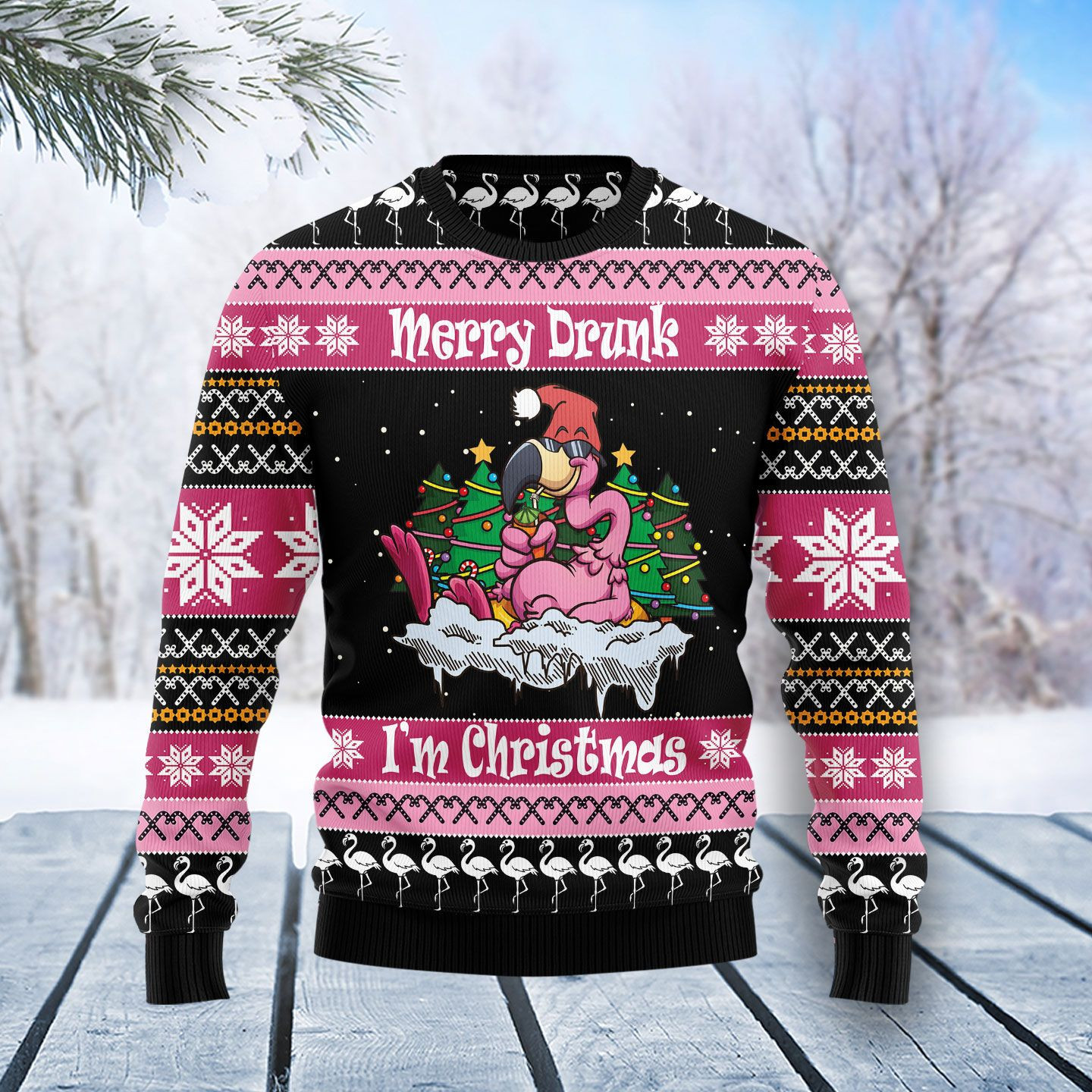 Flamingo Drunk Ugly Christmas Sweater Adult 3D Funny Matching for family