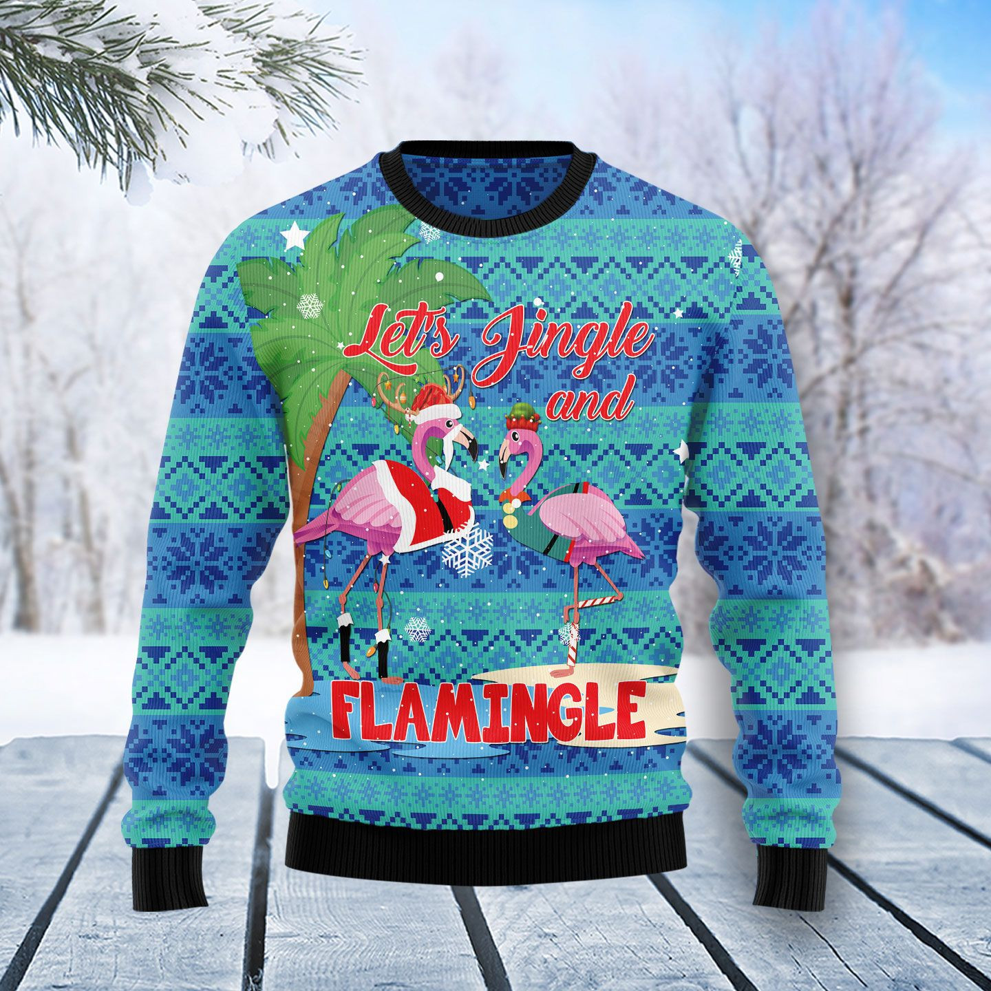 Flamingo Lets Jingle Ugly Christmas Sweater Adult 3D Funny Matching for family