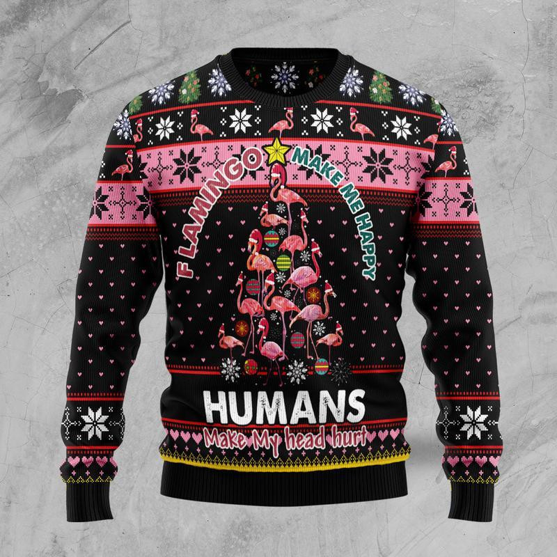 Flamingo Make Me Happy Ugly Christmas Sweater Adult 3D Funny Matching for family