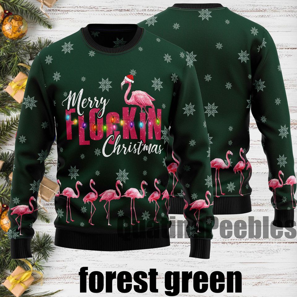 Flamingo Merry Flockin Christmas Ugly Sweater, Funny Holiday Sweater With Flamingo