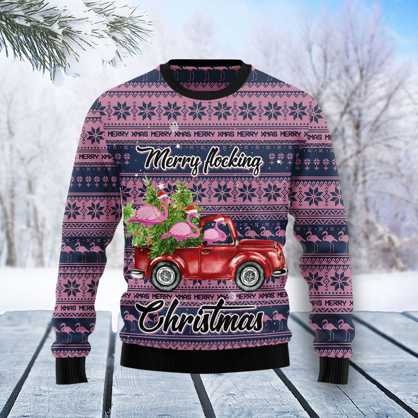 Flamingo Merry Flocking Christmas Ugly Christmas Sweater Adult 3D Funny Matching for family