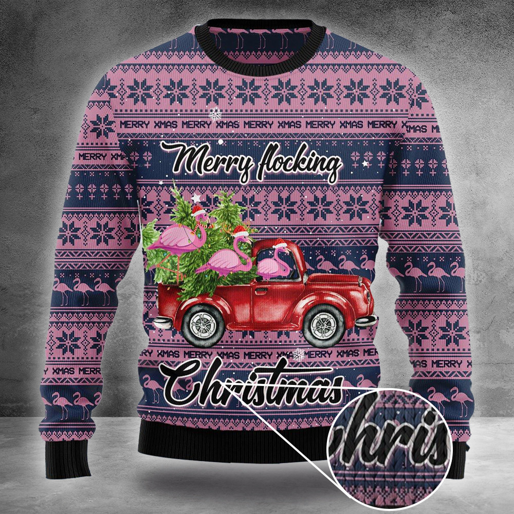 Flamingo Merry Flocking Sweater Pink Flamingo Ugly Christmas Sweater Gift For Boyfriend