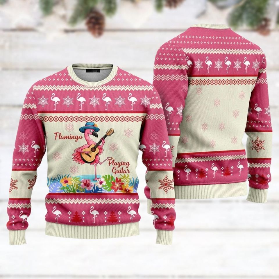 Flamingo Playing Guitar Pink Ugly Christmas Sweater, Pink Flamingo Christmas