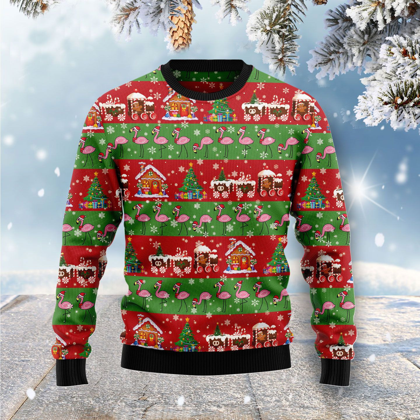Flamingo Snow Ugly Christmas Sweater Adult 3D Funny Matching for family