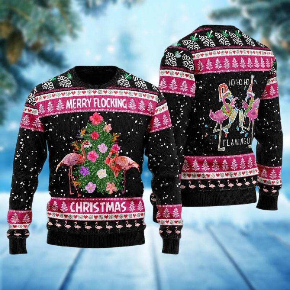 Flamingo Ugly Christmas Sweater, Flamingo Santa Xmas Sweater - Image 2