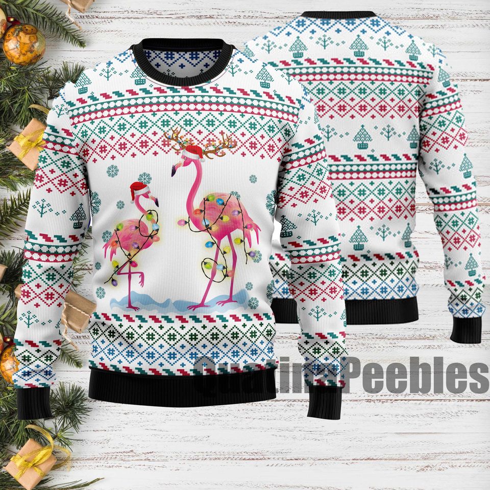 Flamingo Ugly Christmas Sweater, Funny Holiday Sweater With Festive Flamingo