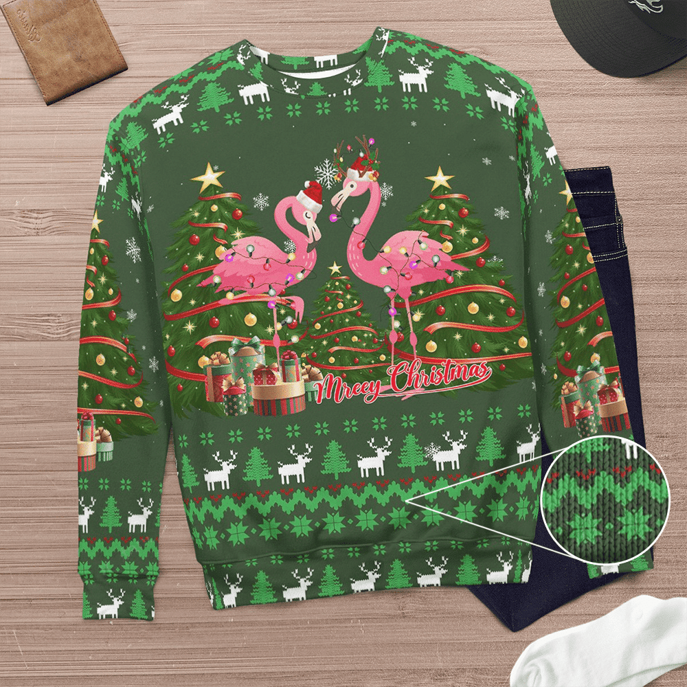 Flamingo Ugly Christmas Sweater Merry Christmas Pink Flamingo Xmas Sweater Clothing - Image 3