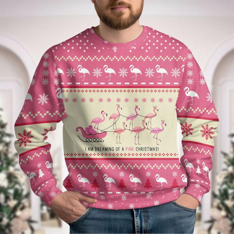 Flamingo Ugly Christmas Sweater, Tropical Christmas Sweatshirt - Image 4