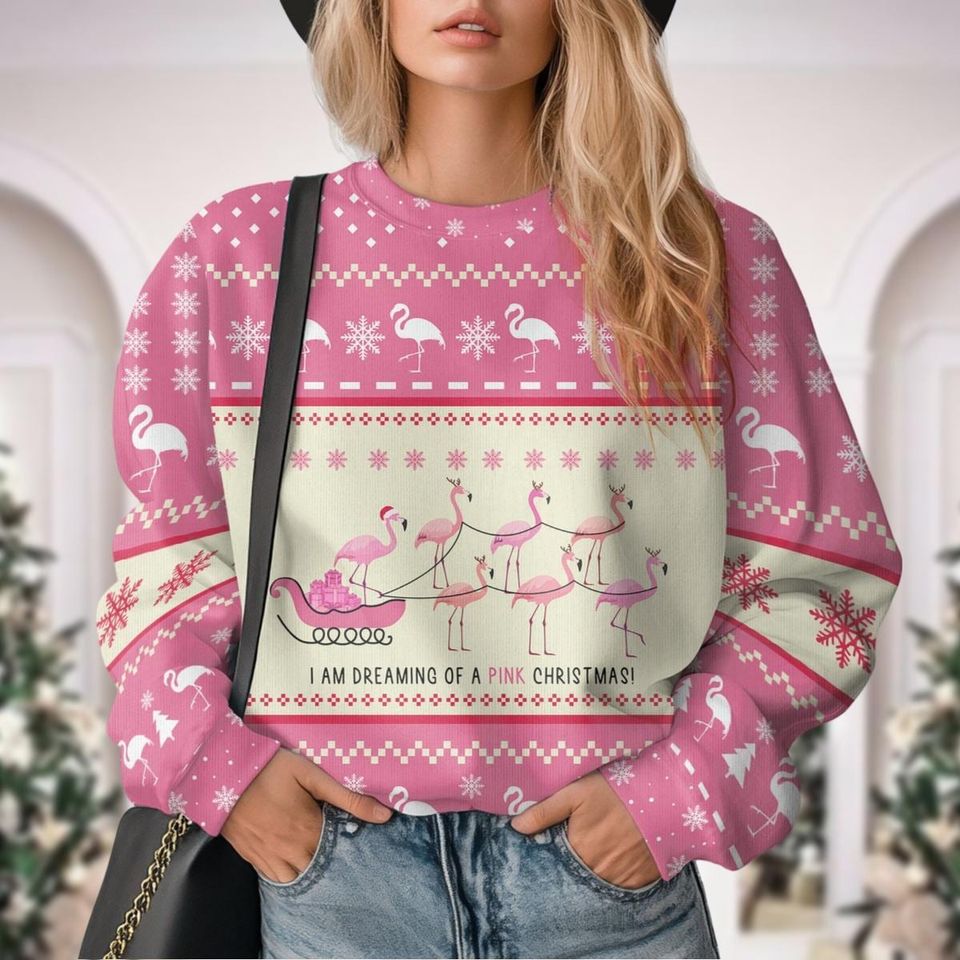 Flamingo Ugly Christmas Sweater, Tropical Christmas Sweatshirt - Image 3