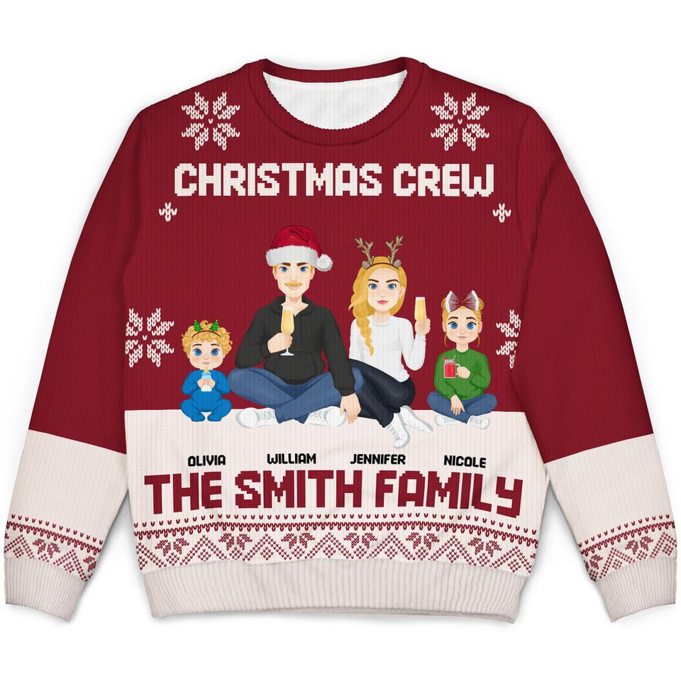 Flat Art Family Christmas Crew Custom Gift For Family Personalized Unisex Ugly Sweatshirt