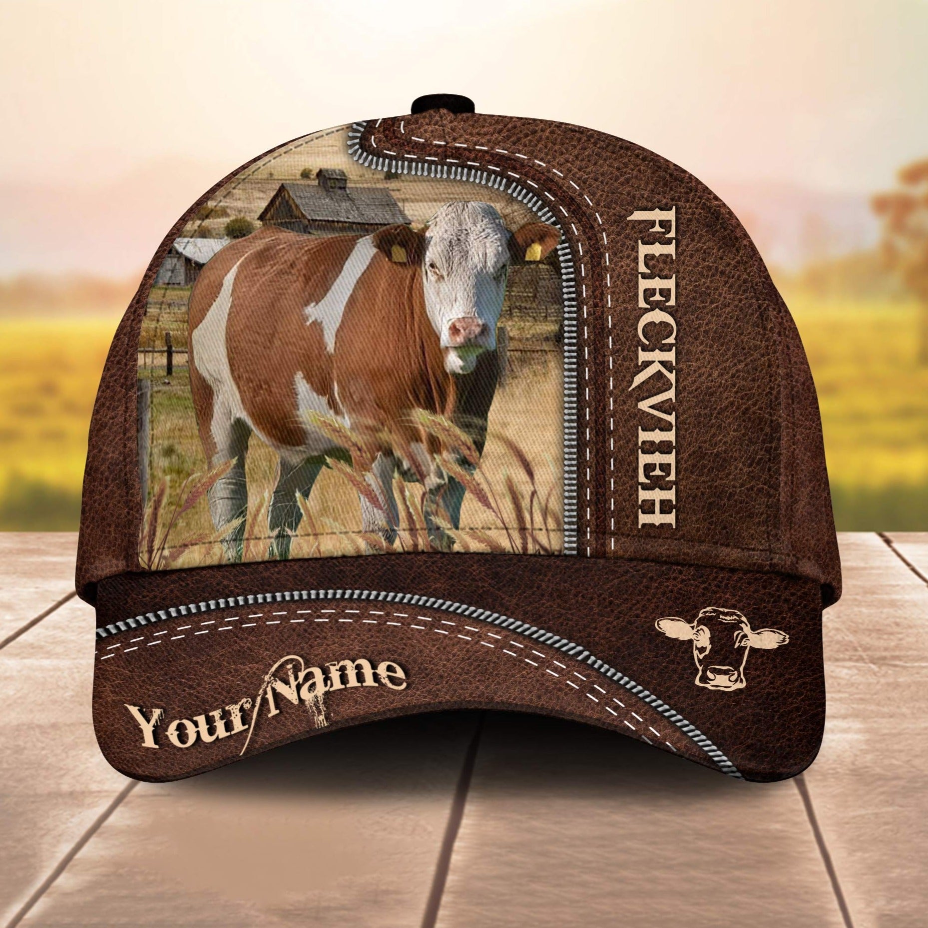 Fleckvieh Customized Name Leather Pattern 3D Cap 3D All Over Print Baseball Cap, Cap For Farm Lovers, Animal Cap, Leather Pattern Cap Trucker Hats Custom Hats Gifts For Men & Women