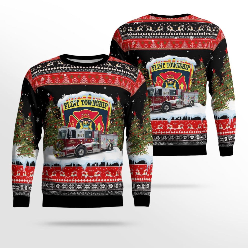 Flint Township Fire Department Flint Michigan Christmas AOP Ugly Sweater Xmas Unisex Sweater Christmas Gifts For Men Women
