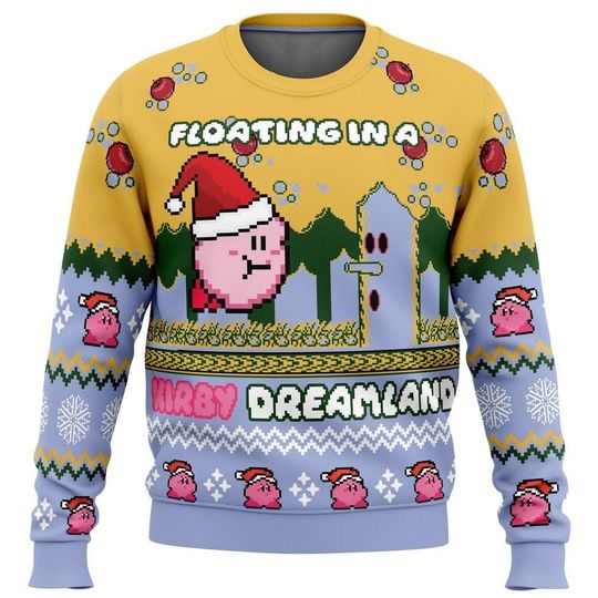 Floating In A Kirby Dreamland Ugly Christmas Sweater, Cute Pink Kirby - Image 6