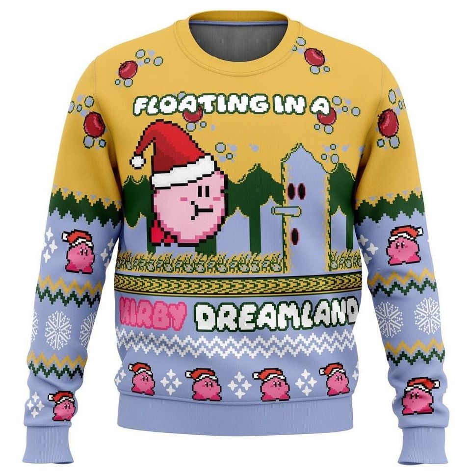 Floating In A Kirby Dreamland Ugly Christmas Sweater, Cute Pink Kirby - Image 2