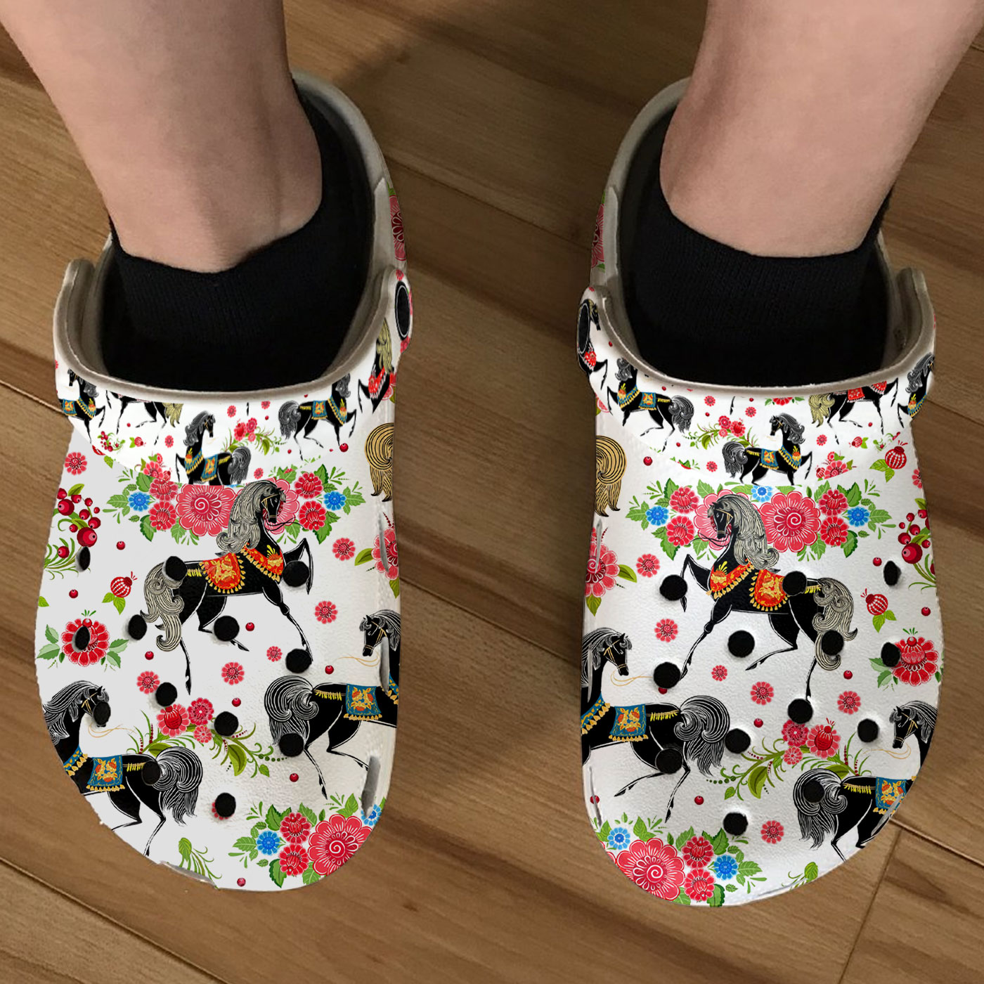 Floral Horse Crocs Crocband Clogs Shoes Comfortable For Men Women and Kids