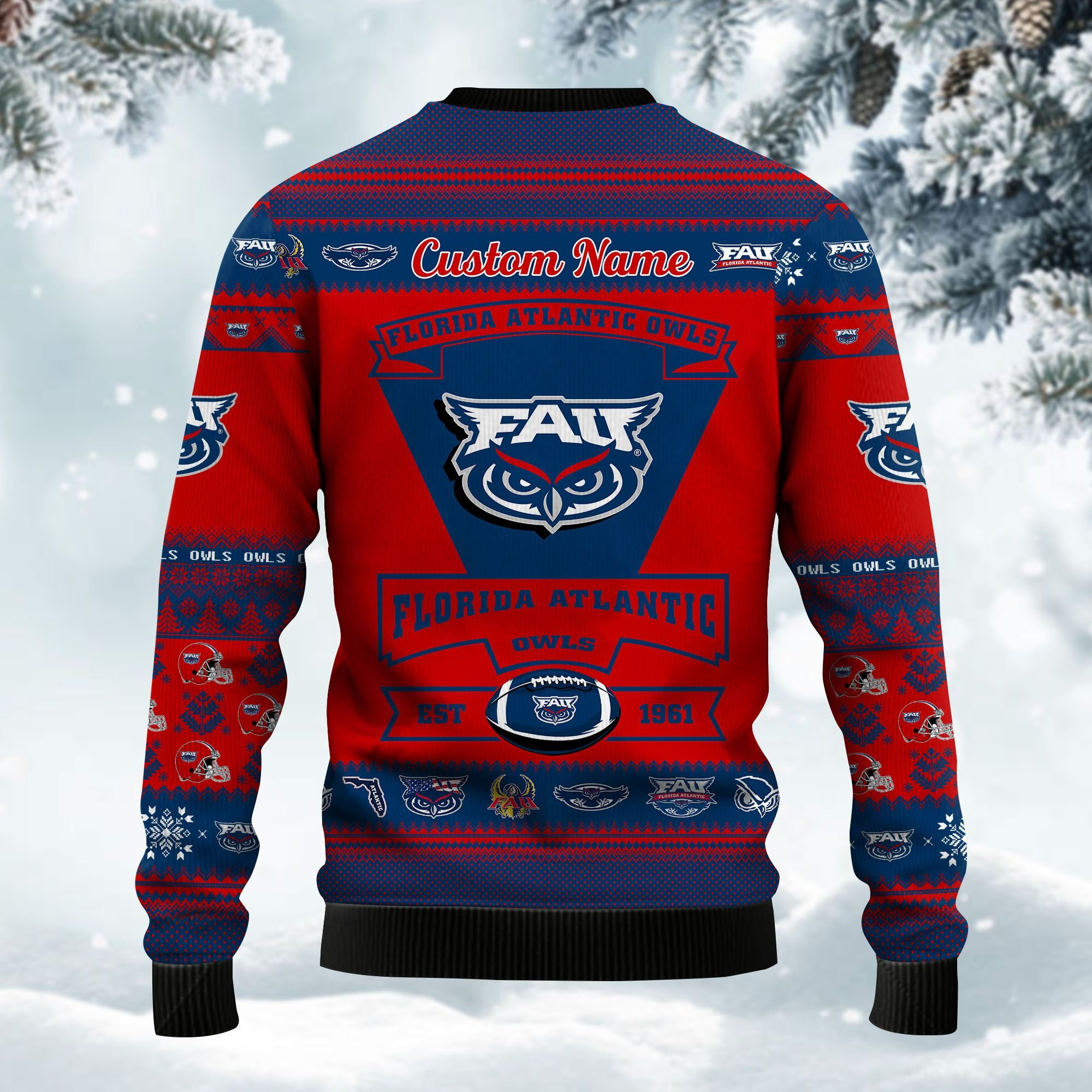 Florida Atlantic Owls Football Team Logo Personalized Ugly Christmas Sweater Adult 3D Funny Matching for family - Image 3