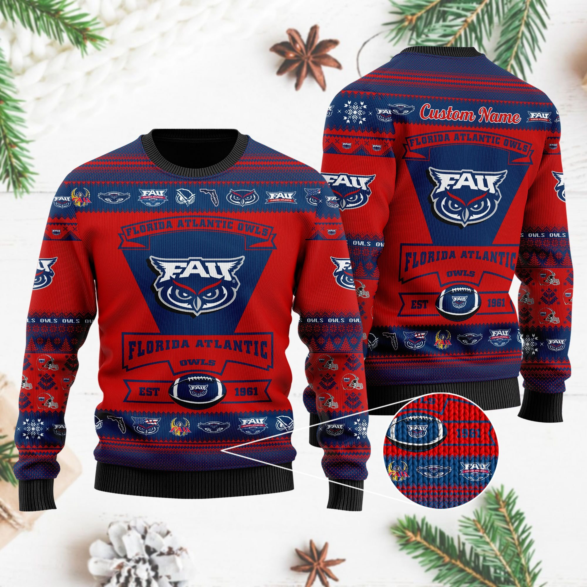 Florida Atlantic Owls Football Team Logo Personalized Ugly Christmas Sweater Adult 3D Funny Matching for family - Image 4