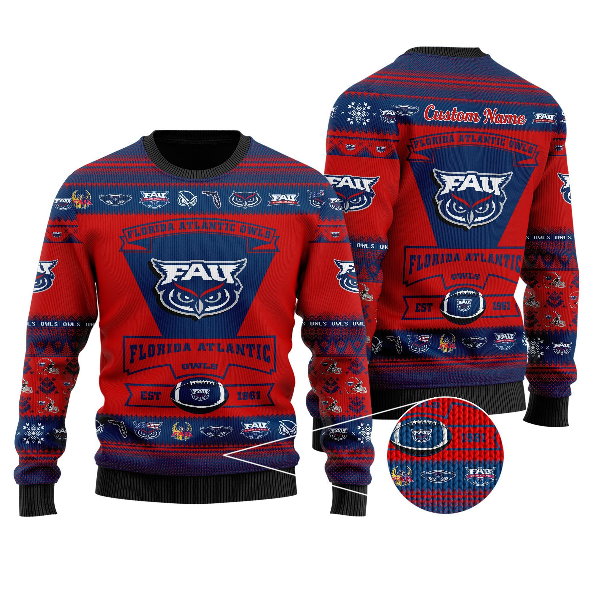 Florida Atlantic Owls Football Team Logo Personalized Ugly Christmas Sweater Adult 3D Funny Matching for family