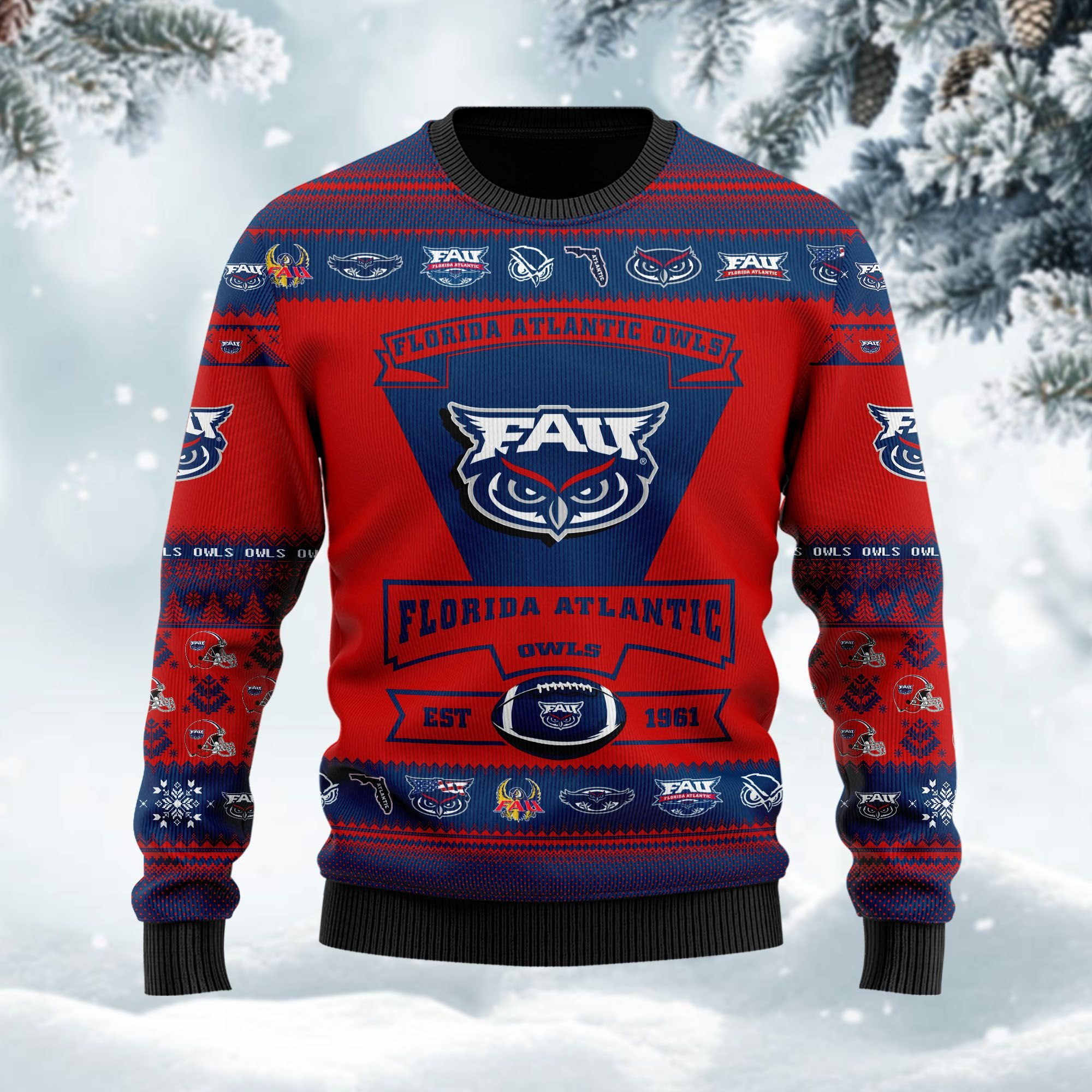 Florida Atlantic Owls Football Team Logo Personalized Ugly Christmas Sweater Adult 3D Funny Matching for family - Image 2