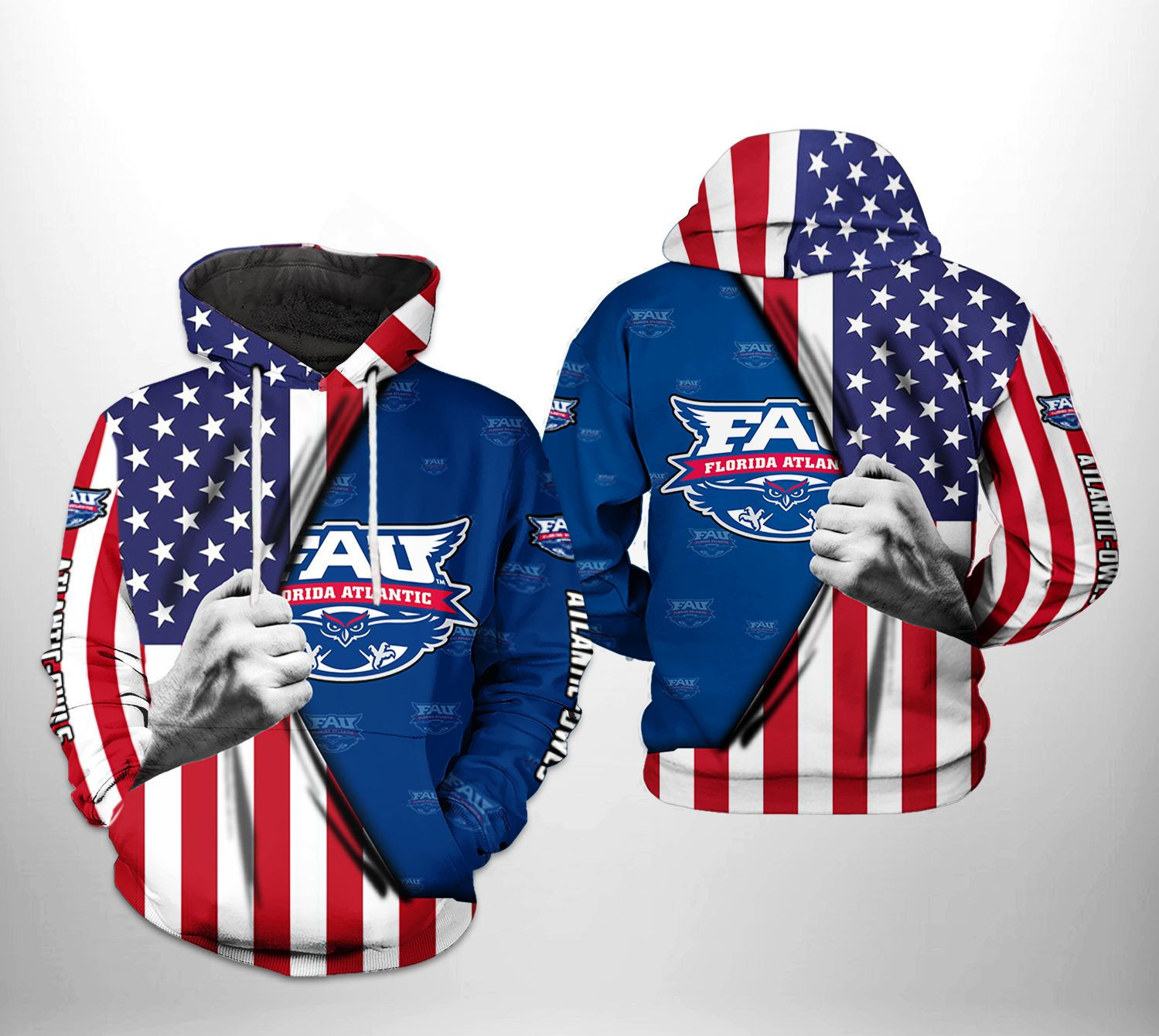 Florida Atlantic Owls NCAA US FLag 3D All Over Print Hoodie, Zip Hoodie