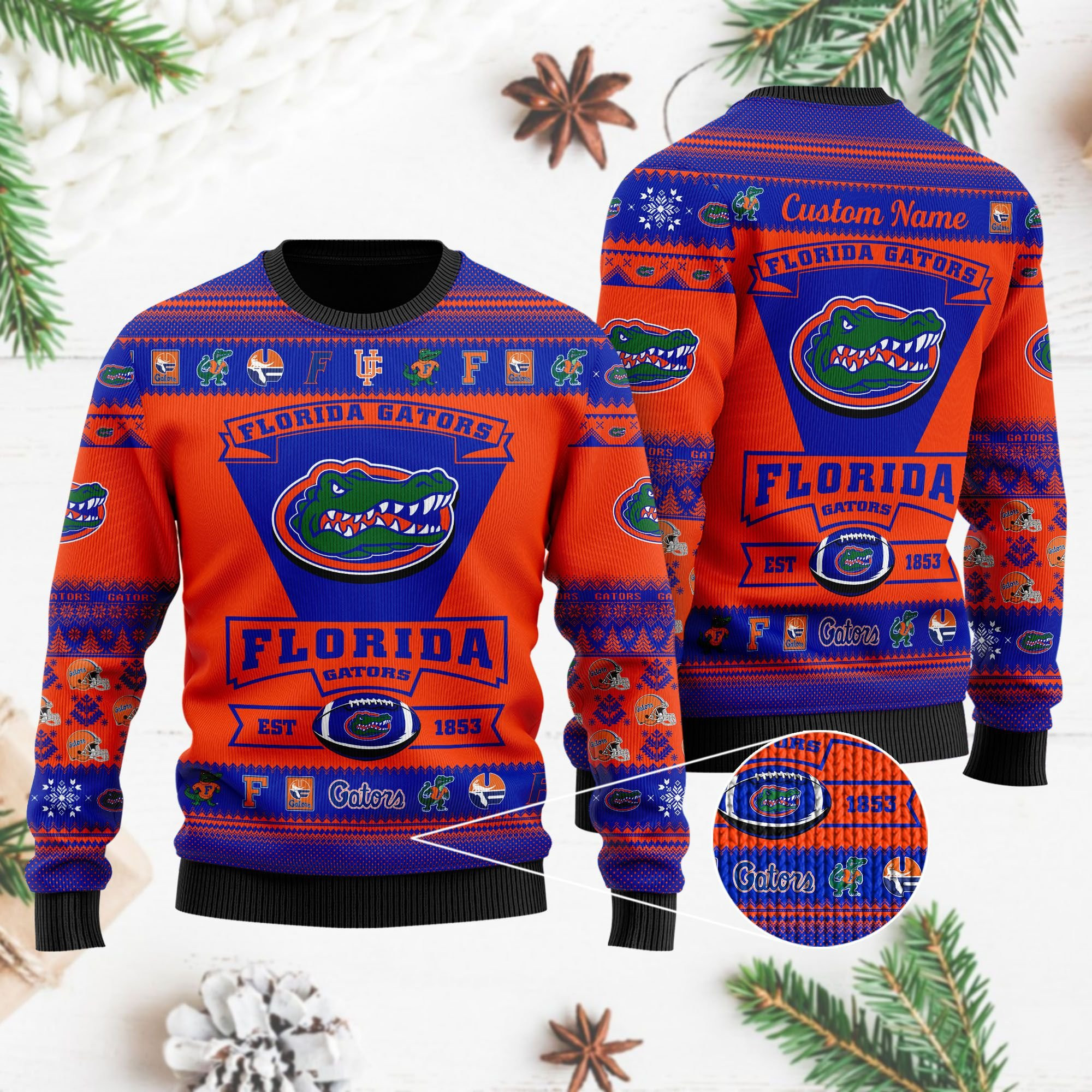 Florida Gators Football Team Logo Custom Name Personalized Ugly Christmas Sweater Adult 3D Funny Matching for family