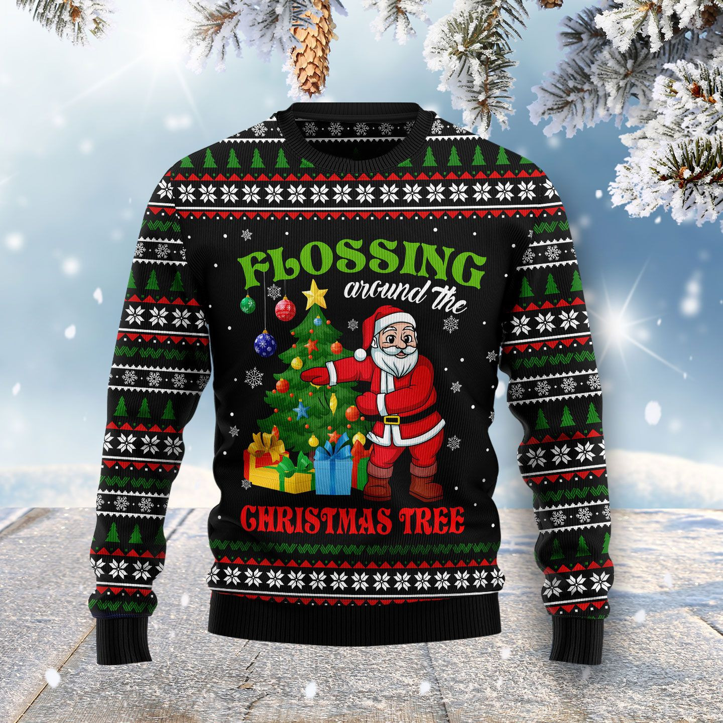 Flossing Around The Christmas Tree Ugly Christmas Sweater Adult 3D Funny Matching for family
