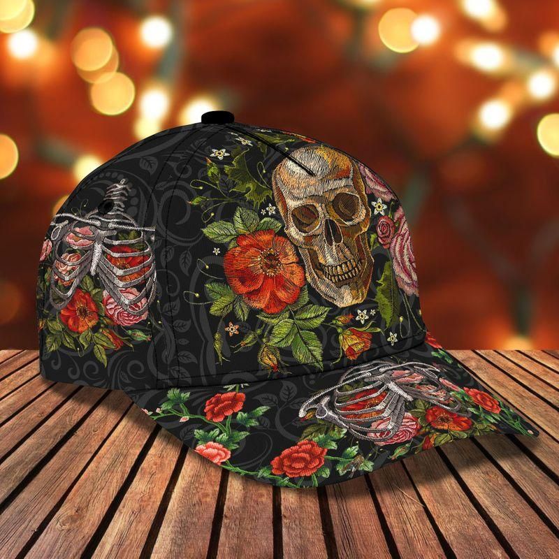 Flower Skull Black Classic Cap Baseball Cap Trucker Hats Custom Hats Gifts For Men & Women