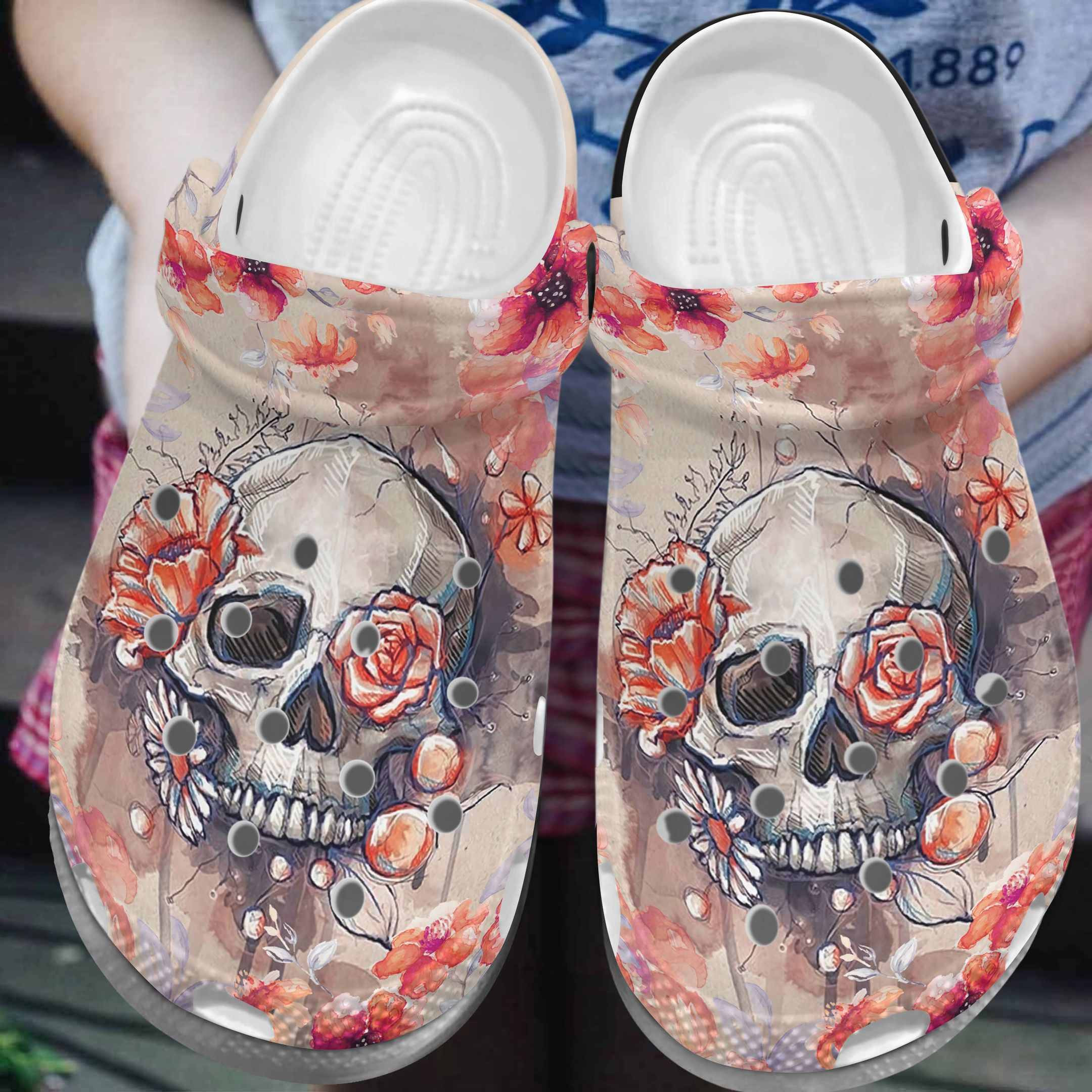 Flower Skull Shoes - Roses Skull Shoes Crocbland Clog Gifts For Women Daughter Niece
